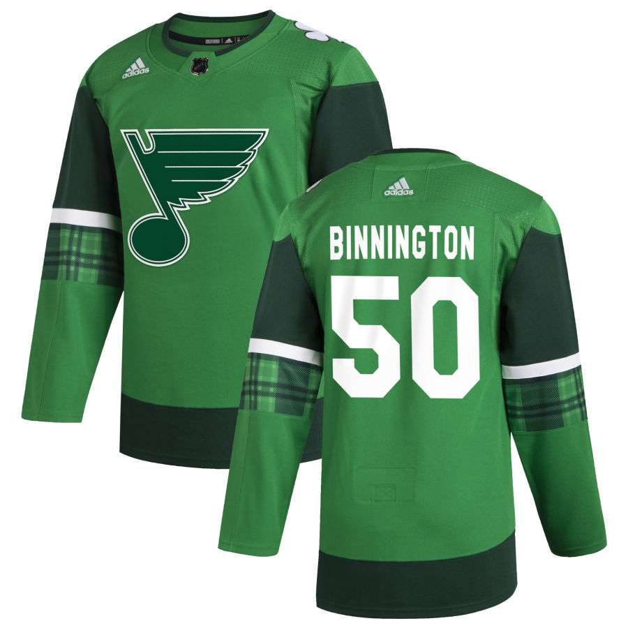 St. Louis Blues #50 Jordan Binnington Men Adidas 2020 St. Patrick Day Stitched NHL Jersey Green